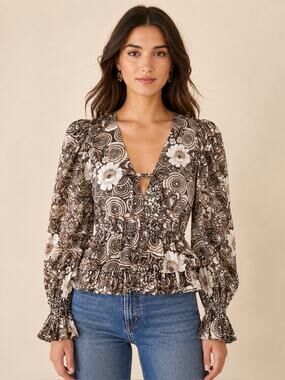 Ulla Johnson Brown Floral Cotton Peplum Blouse Puff Sleeve Boho Romantic Size 4